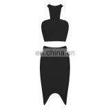 Amigo 2017 Two Pieces Black Bandage Dress Suit Sexy Evening Dresses With Halter Crop Top and Midi Irregular Skirt for Women thumbnail-2
