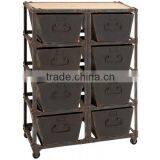 1950 Style Vintage Drawer With Antique Cart Wheels, Industrial European Style Storage Cum Racks, Rustic Finish 8-Drawer