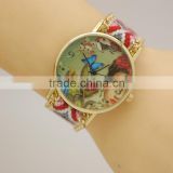 2016 fashion gold chain braided leather ladies bracelet wrist watch quartz analog relojes