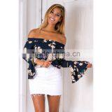 Summer New Tops for Women off Shoulder Bell Sleeve Floral Print Crop Tops thumbnail-3