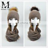 Wholesale Knitted Scarf Women Raccoon Fur Ball Winter Hat All in One Hat and Scarf thumbnail-2