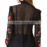 2017 OEM Peony Embroidered Silk-chiffon Button Keyhole Ruffle Blouse thumbnail-4