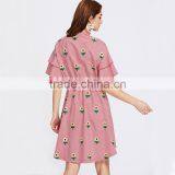 RED Flower Embroiedered and Ruffled Shoulder Women Cute Short Dress thumbnail-2