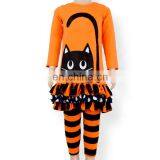 Girls Boutique Outfit Cat Printed Double-deck Floral Stripe Top and Orange Black Stripe Trousers Children Sets thumbnail-5