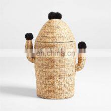 Best Price Water Hyacinth Pompom Cactus Hamper Home Decoration Clothes Wicker Basket Iron Frame Best Price Wholesale thumbnail-3