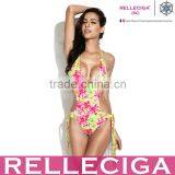 RELLECIGA 2016 OZ Collection - High Contrast Floral Blooming Pattern One-piece Swimsuit with a Trio of Straps at Center Front Op