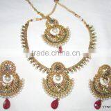 Gold Plated Polki Maroon Green Designer Necklace Earring Set thumbnail-1