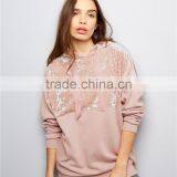 Women Oversized Loose Pockets Sides Crushed Velvet Panel Yoke Hoodie Pink Drop Shoulder Cotton Pullover thumbnail-3
