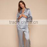 OEM Service Women Grey Satin Sleepwear Appeal Silk Pyjama Long Sleeve Blouse With Long Pants White Piping thumbnail-5