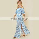 Peony Blue Floral Mumu Dresses 2018 Womans off Shoulder Maxi Dress thumbnail-3