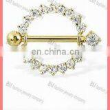 Unique Design Gold Plated Sunburst Round Multi-CZ Nipple Ring Piercing Jewelry Rings in Titanium thumbnail-1