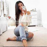 Women V-neck Lotus Root Long Sleeves Sweater KMY1105 thumbnail-3