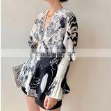 TWOTWINSTYLE Women's Shirts V Neck Flare Long Sleeve Pleated Tunic Large Size Casual Summer Blouses thumbnail-5