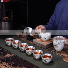 99 silver kung fu tea set, ceramic teapot, 6 gilt silver tea cups