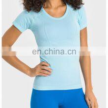 Custom Logo New Soft Slim Yoga Short Sleeve Breathable Workout Running Round Neck Gym Fitness Quick Dry Sports Wear For Women thumbnail-4