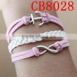 CB8028 Fancy handmade weave pink leather anchor and romantic eight friendship bracelet