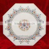 White Marble Stone Inlaid Antique Coffee Table Top Pietra Dura thumbnail-1