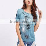 MGOO Design Custom Made Feather Print Split Shoulder Tee Short Sleeve Stretchy Soft Modal Tshirt Women Jersey Shirt thumbnail-3