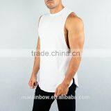 OEM Slim Fit White Plain Mens Cut off Gym Shirt Deep Cut Longline Curved Hem T Shirt With Side Split thumbnail-1