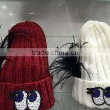 Fashion New Arrival Cute Sequin Eyes Feather Decorated Knitted Lady Women Hat thumbnail-2
