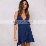 Navy Cold Shoulder Ruffled Wrap Dresses Woman's Chic Summer Wear thumbnail-5