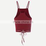 Polyester Lace Up Tank Top Hollow Stretchable Solid Wine Red Size:Free Size Sold By PC thumbnail-2