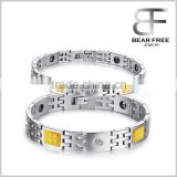 Stainless Steel Bio Elements Magnetic Health silicone Couples bracelets with Yellow carbon fiber