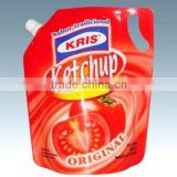 Stand up ketchup retort pouch with spout packaging