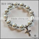 New Arrival Big Beads White Pearl and Silver Bracelet Personalized Name Bracelet Cross Charm Bracelet Jewelry