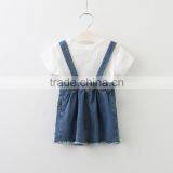 2017 Summer Girls Boutique Clothing Set White Applique t Shirt +suspender Denim Skirt 2pcs Suit thumbnail-2