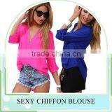 Customized New Fashion Cheap Long Sleeved Chiffon Blouse Women's Loose Casual Sexy Chiffon V-Neck Blouse Shirts thumbnail-1