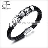 Fashion Multistrand Genuine Leather Leopard Head Magnetic Buckle Bracelet Wristband for Men Black