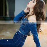 Femme Jeans Jacket Women 2017 Spring New Japanese Style Sexy Off Shoulder Long Sleeve Cropped Denim Jacket thumbnail-2