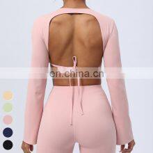 Quick Dry Crop Top Sexy Backless Straps Flare Cuffs Sports T Shirt Gym Fitness Tops Yoga Crop Top For Women With Removable Pad thumbnail-4