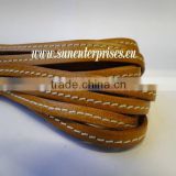 Flat Nappa Leather cords - Italian Leather - Stitched Brown Yellow- 20mm