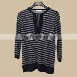 Women fashion long sleeve knit wear ful cotton black and white stripe pattern with neck string for autumn/pullover sweater