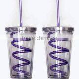 Single Wall Insulated Plastic Drink Cup Glass w Curly Crazy Straw Travel Tumbler thumbnail-2