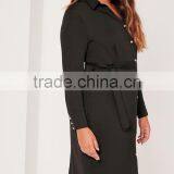 Plus Size Satin Button Through Belted Shirt Dress Rayon Black Long Sleeve Shirt Dress thumbnail-5