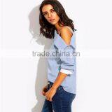 Latest Slash Neck Light Blue Fashion Shirt Pretty Girl thumbnail-4