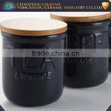 Black Ceramic Tea Coffee Sugar Biscuit Canister Set With Wooden Cover thumbnail-4