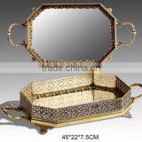 Unique Design Brass Oval Mirror Tray, Hand Engraved Gilt Bronze Serving Tray With Mouthed Edge thumbnail-2