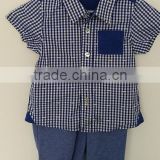 cute boys navy grid shirt and knit shorts 2pcs suits for summer