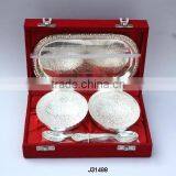 Metal Bowl Two Bowl With One Oval Tray and Two Spoons Made in Brass and Silver Plated in a Velvet Box thumbnail-1