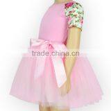 Wholesale Pink Flower Short Sleeve Tulle Skirt Set Ballet Dress Pink Pettiskirt Kids Tutu Dress thumbnail-3