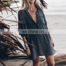 Wholesale Custom Fashion Casual Women's Trend Loose Cotton and Linen V-neck Mid-length Plus Size Dress thumbnail-2