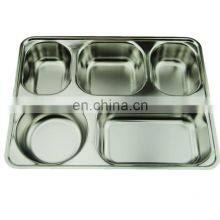 School Mess Stainless Steel Dinner Plate Buffet Tray Lunch Box, High Quality 5 Compartment Dinner Plate