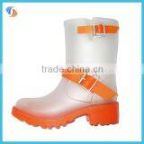 New Women White With Orange Buckle Straps PVC Transparent Rain Boots thumbnail-1
