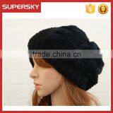 V-22 Chunky Knit Cable Baggy Beanie in Black Slouchy Knit Pattern Plain Winter Hat thumbnail-1