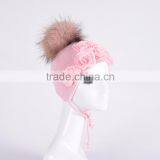 Baby Cotton Knit Hats With Fur Pompom Baby Hats With Chiffon Flowers KZ160094 thumbnail-2