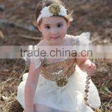 Ivory Gold Sequined Glitter Tulle Lace Fabric Baby Dress Pictures Girls Tutu Dress thumbnail-2